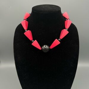 VTG Chunky Wooden Beaded Choker Necklace -Black & Red ~17” Geometric Artsy Beads